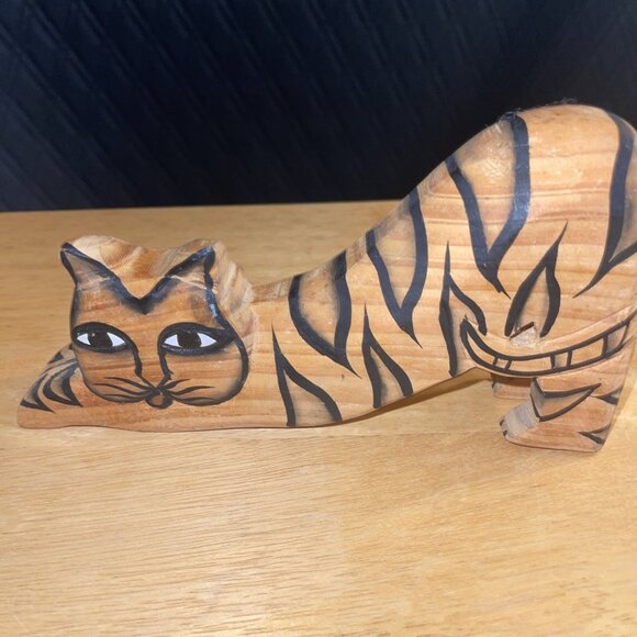 Hand-Carved Wooden Cat Figurines With Tiger Stripes - Picture 3 of 12